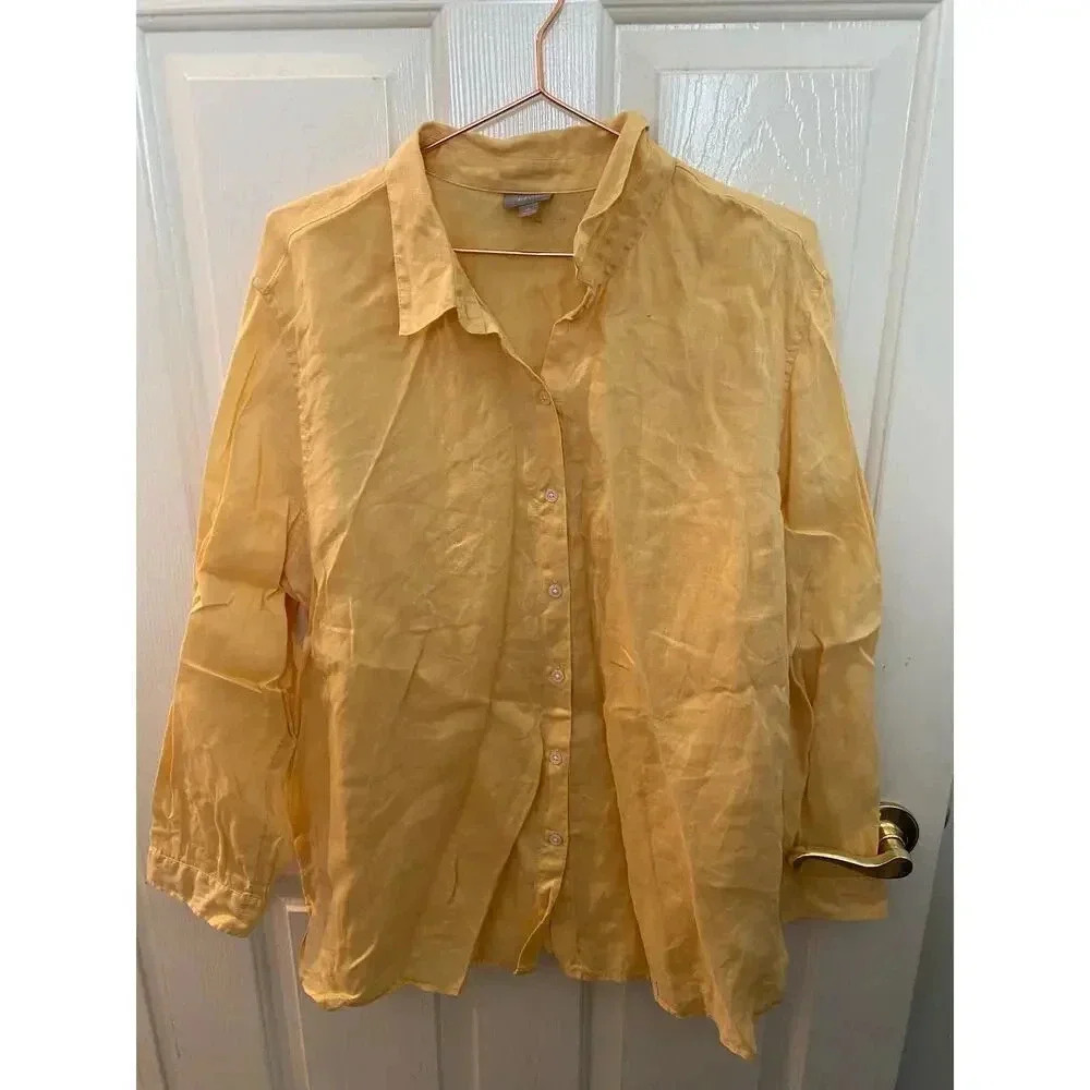 J. Jill Women's Yellow 100% Linen Long Sleeve Button Up Collared Shirt Size XL